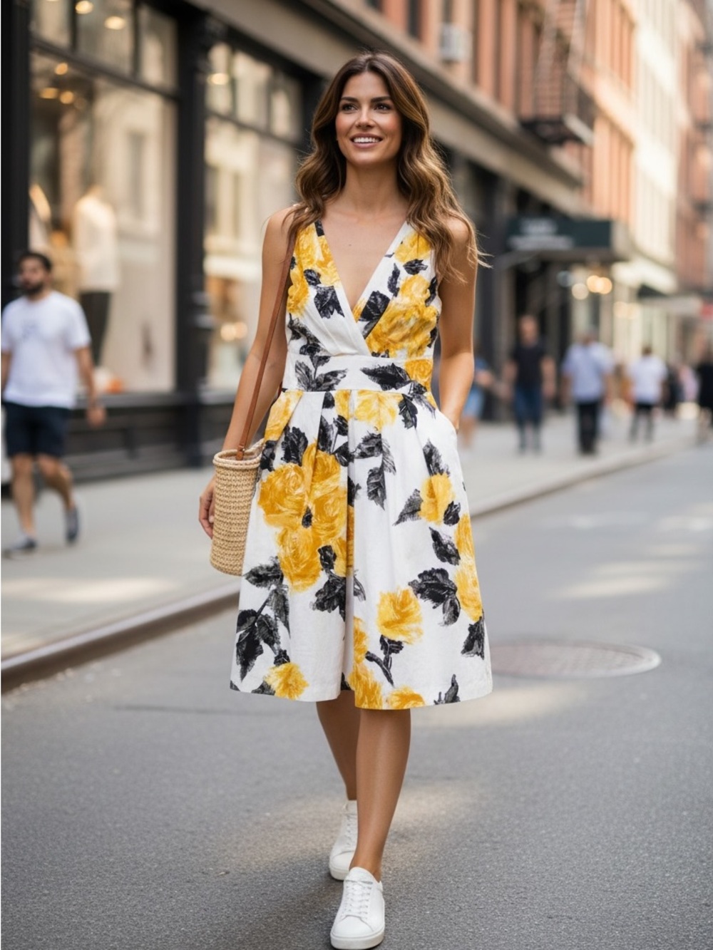 Corey P Summer Party Casual Yellow Floral V-Neck Midi Dress with Pockets Size 8